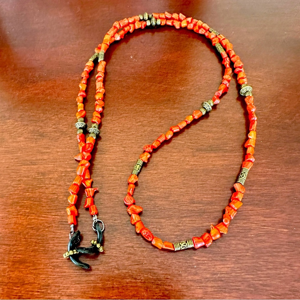 Natural coral chain for eyeglasses, baroque coral beads with bronze accents